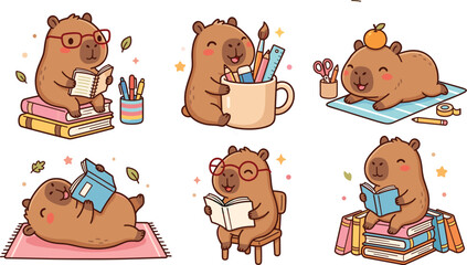 Cute capybara character sticker pack featuring funny cartoon animals reading books holding school supplies and studying for back to school concept © mdnazrul