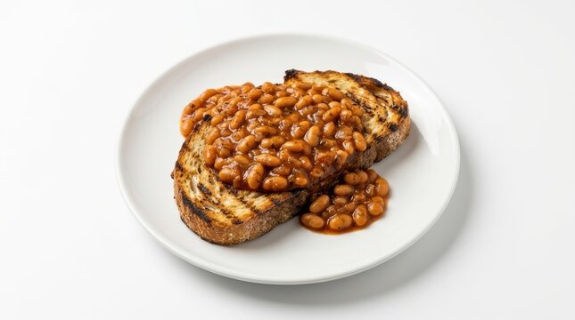 A serving of baked beans on toasted sourdough bread on a white plate isolated on white background