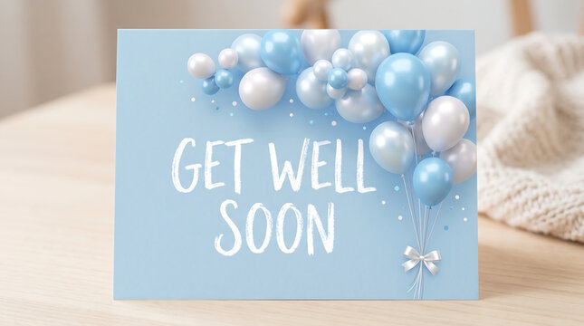 Get Well Soon greeting card with blue and white balloons, recovery message on light blue background, festive sympathy card for healing and wellness