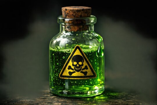 A glass bottle filled with green liquid featuring a skull and crossbones warning sign