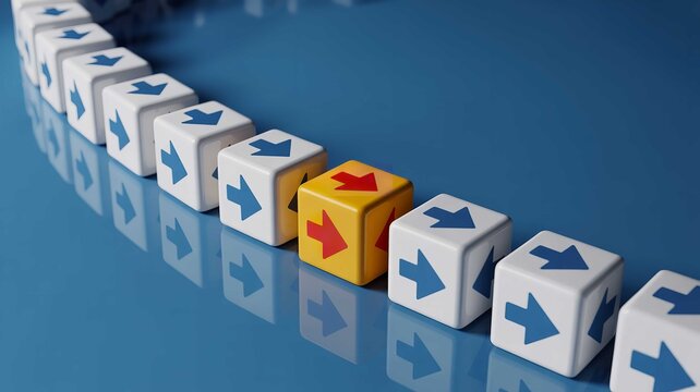 Multiple white cubes with blue arrows following a single unique yellow cube with red arrows