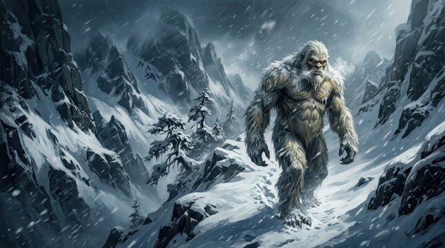 A majestic yeti walking through a snowy mountain landscape during a blizzard, capturing the mysterious and powerful essence of the legendary creature