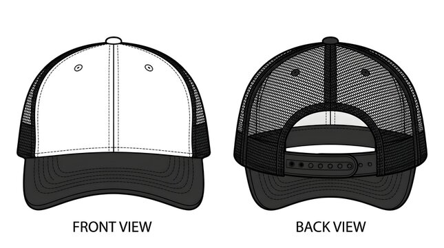 Commercial Blank Trucker Hat Sketch Front Back Apparel Design Template Illustration.