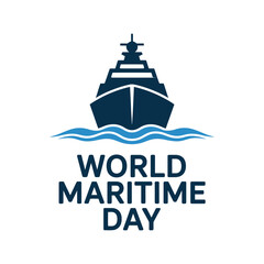 Fototapeta premium World maritime day logo with a ship icon sailing on blue waves, vector illustration for international shipping and maritime industry celebration