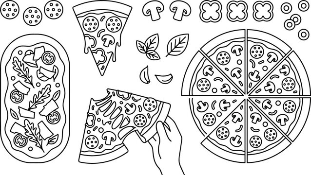 Black and white outline pizza doodles collection with pepperoni mushrooms cheese toppings for pizzeria marketing fast food packaging coloring page element
