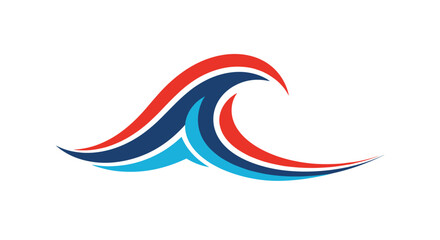Obraz premium Dynamic ocean wave graphic icon designed with sweeping curves in shades of red, dark blue, and light blue on a plain background.