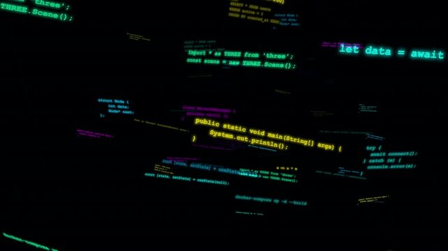 3D source code snippets in a digital void.