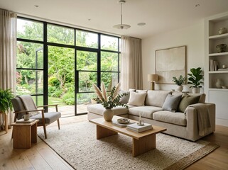 Fototapeta premium Modern living room with large windows overlooking a lush garden