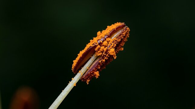 Macro close up of a flower stamen covered in bright orange pollen with a dark blurred natural background in the garden