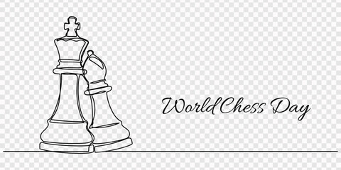 World chess day. Queen and pawn, chess pieces continuous one line art illustration. Can used for logo, transparent background, Hand drawn pawn and Queen chess piece vector. One line continuous drawing © Gerish
