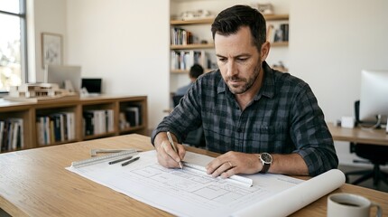Fototapeta premium Focused man meticulously drawing detailed architectural design plans at his studio desk, useful for professional project development.