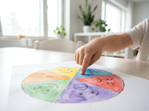 Child finger pointing at colorful emotion wheel chart with watercolor face illustrations for autism feelings identification and emotional regulation therapy