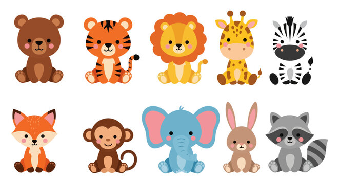 Set of Cute Cartoon Animal Characters in a Row.