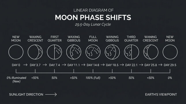 Linear diagram of moon phase shifts showing the 295 day lunar cycle with illumination percentages and sunlight direction on a dark minimalist background