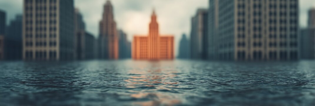 A city skyline with tall buildings partly submerged in water, suggesting urban flooding or rising water levels.