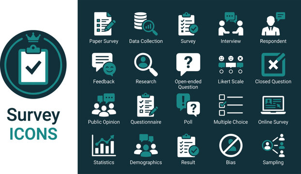 Business survey icon collection featuring online questionnaire feedback form multiple choice poll interview research and data analytics vectors