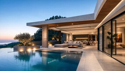 Obraz premium Infinity edge swimming pool at modern luxury villa overlooking sunset ocean view with real estate infinity swimming architecture residence vacation lifestyle twilight furniture