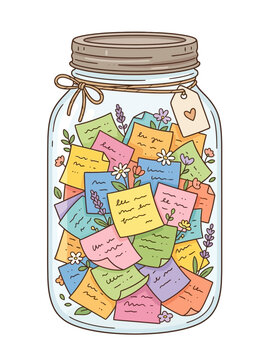 Jar filled with colorful notes and flowers, a symbol of memories and wishes