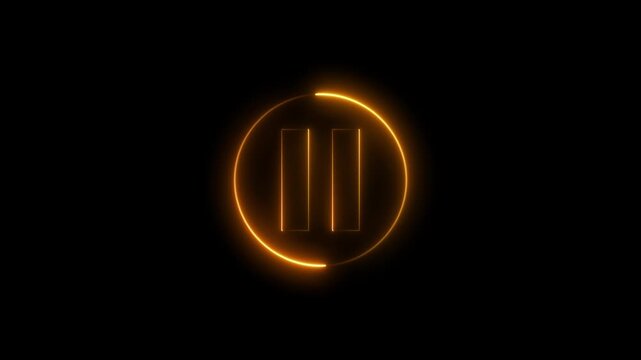 Glowing neon media player pause icon animation video and audio play stop control circle pause button sign symbol. Neon player pause circle stop music video and audio media control sign symbol.