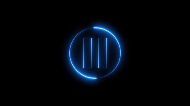 Glowing neon media player pause icon animation video and audio play stop control circle pause button sign symbol. Neon player pause circle stop music video and audio media control sign symbol.