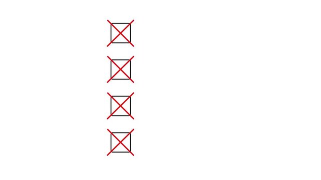 Four Bullet point multiple choice checklist presentation boxes with thin animated crosses on a plain simple white background.