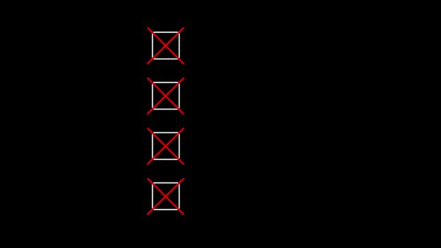 Four Bullet point multiple choice checklist presentation boxes with thin animated crosses on a plain simple black background.
