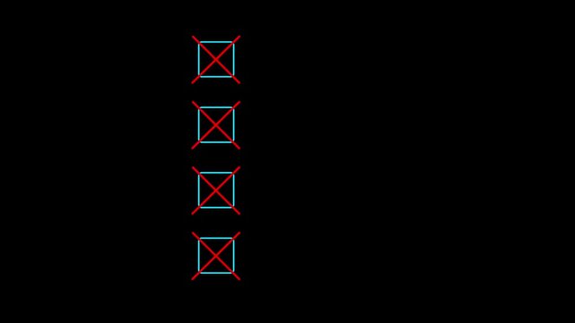 Four Bullet point multiple choice checklist presentation boxes with thin animated crosses on a plain simple black background.