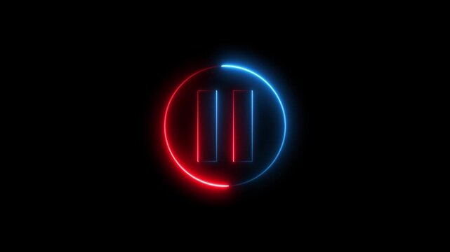 Glowing neon media player pause icon animation video and audio play stop control circle pause button sign symbol. Neon player pause circle stop music video and audio media control sign symbol.