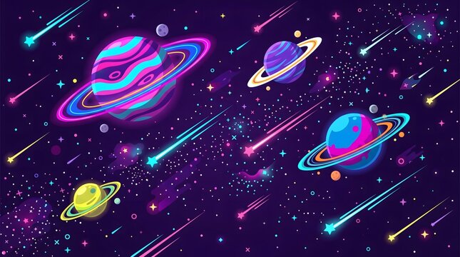 Vibrant neon colored planets orbit cosmic rings streaking glowing meteors compose vector galaxy illustration promotional graphic.