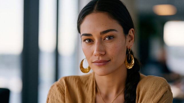 Maori woman mid-presentation at a corporate quarterly meeting, pausing because she has just seen a senior colleague roll their eyes, the split second of choice between absorbing