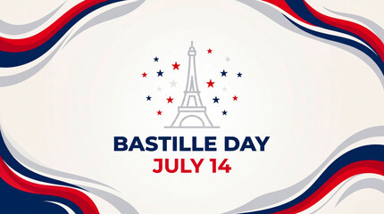 Bastille Day July 14 celebration background, French national day greeting card with Eiffel Tower icon, tricolor red white and blue wavy frame