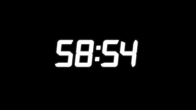 Countdown timer from 59 minute to 58 minute suitable for presentations, educational on transparent background.Technology stopwatch Digital Countdown.