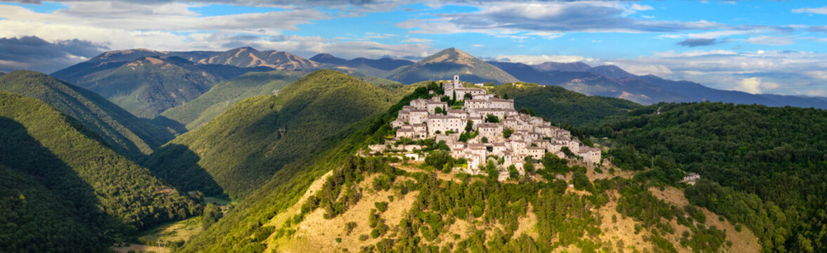 Labro Rieti Italy High Resolution. medieval borgo town isolated among green hills under dramatic sunset sky. Authentic hidden gems interior wall art print asset 16000px wide 3:1 panorama