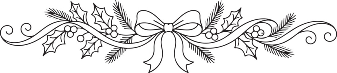Christmas decorative flourish border with holly leaves berries and a festive ribbon bow in black and white line art © Pixel Forge Studio