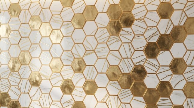Fundo luxuoso com padr&atilde;o geom&eacute;trico de hex&aacute;gonos, textura de m&aacute;rmore branco com veios e detalhes em metal dourado 3D