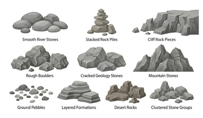 Modern Cartoon Stone and Rock Formation Set Natural Terrain Elements Vector Illustration White Background © MdFaruk