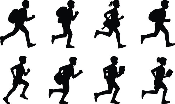 Silhouettes of school children running with backpacks and books to class