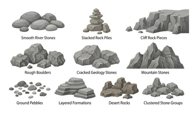 Modern Cartoon Stone and Rock Formation Set Natural Terrain Elements Vector Illustration White Background