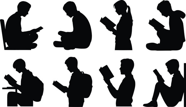 Black silhouettes of diverse students reading books and studying in different poses