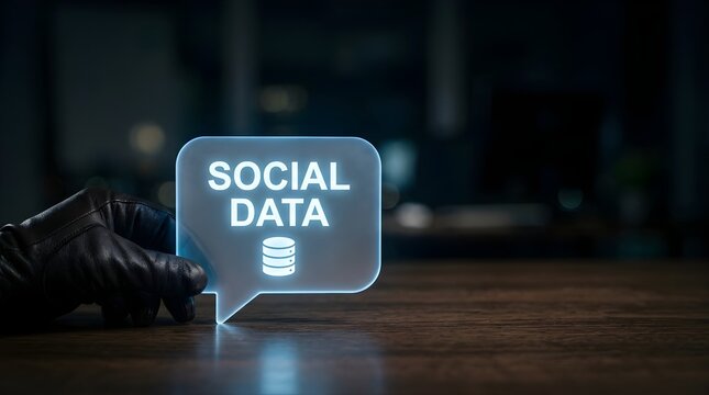 Cybercriminal stealing personal social data represented by a glowing digital speech bubble icon
