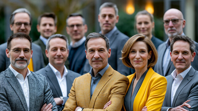 Gemischtes Businessteam aus neun Personen posiert l&auml;chelnd vor historischem Geb&auml;ude