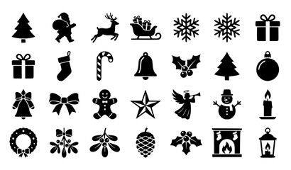 Christmas silhouette icon set with Santa tree reindeer snowflake ornament and festive holiday vector collection isolated on white background © Romjan 