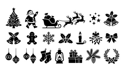 Premium Christmas silhouette icon pack featuring Santa reindeer tree ornaments and holiday decoration vector symbols isolated on white background © Romjan 