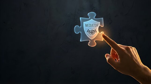 Human finger touching glowing mediator puzzle piece representing conflict resolution