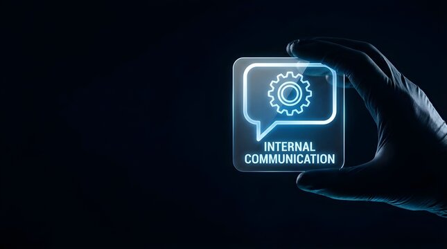 Gloved hand holding glowing internal communication icon for corporate business strategy