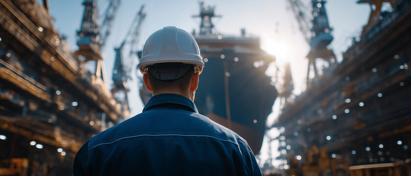 Shipyard Foreman Surveying Work: A lone foreman in a hard hat stands facing away, observing a massive ship undergoing construction in a bustling shipyard with towering cranes under a bright sky.