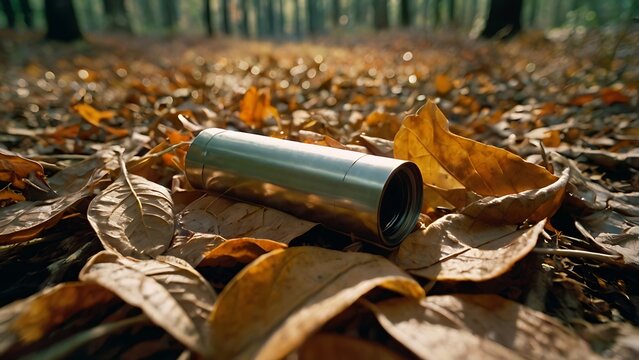 Spent brass shotgun shell casing lying on dry golden autumn leaves in a tranquil forest with cinematic lighting