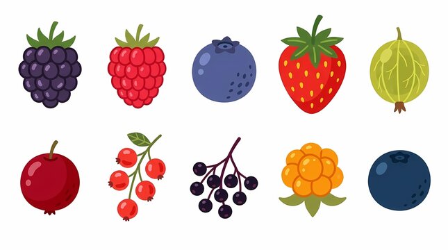 Vibrant garden berries presented flat graphic set, clean vector style, depicting healthy fruits isolated background, suitable creative design.