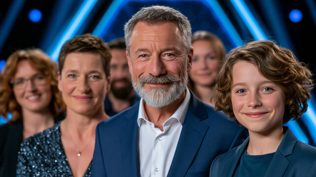 Familie steht gemeinsam vor blauem Sternenlicht mit Vater und Sohn im Vordergrund