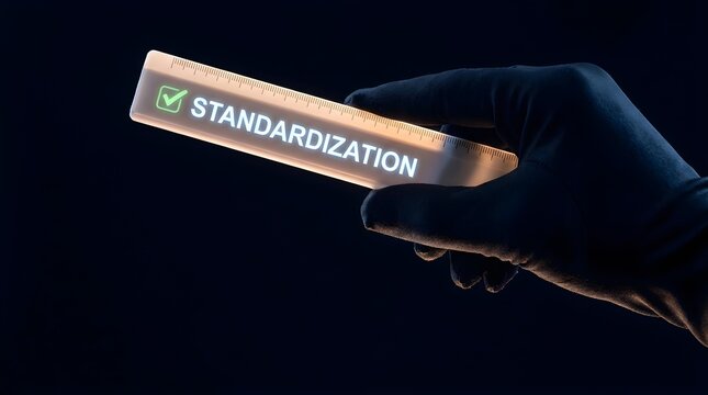 Gloved hand holding a glowing ruler with standardization text